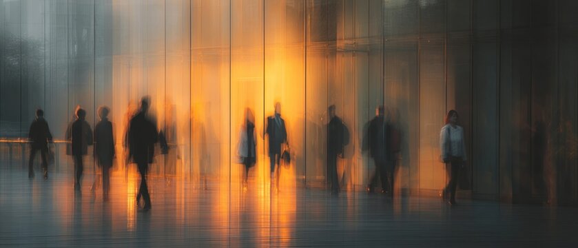 Silhouetted figures walking in sunlight with motion blur abstract concept