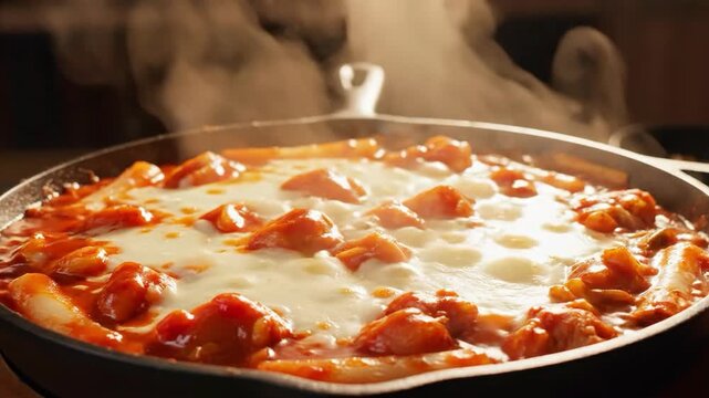 Delicious Korean Tteokbokki with Melted Cheese Steaming in a Hot Pan.