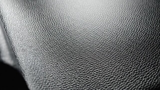 Texture closeup of black leather surface with detailed grain and subtle sheen