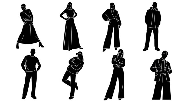 Set of diverse fashion silhouettes posing in stylish urban outfits