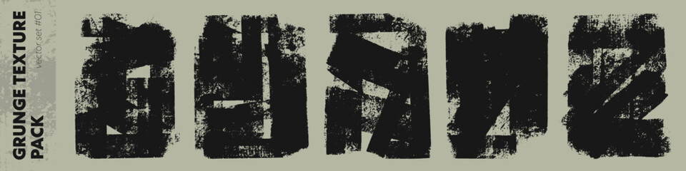Fototapeta premium Industrial grunge vector texture pack with rough black ink marks.Distressed block print textures and bold linocut overlays.Raw urban backgrounds set for poster design,packaging,branding,layouts