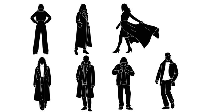 Fashionable people silhouettes in stylish winter coats and outfits