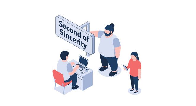 Isometric illustration of people interacting with a sign about sincerity concept.