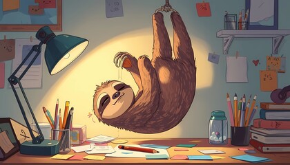 Fototapeta premium Funny sloth character hanging over a messy desk with a glowing lamp, cute lazy office worker concept illustration.