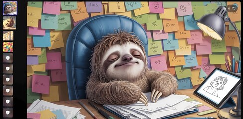 Fototapeta premium Cute sloth character sleeping in an office chair at a wooden desk with papers and sketches, cozy workspace illustration.