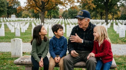 Fototapeta premium Family listening to veteran at military cemetery during memorial day