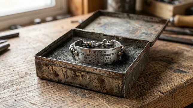 Handmade metal bracelet in rustic wooden display box for remembrance