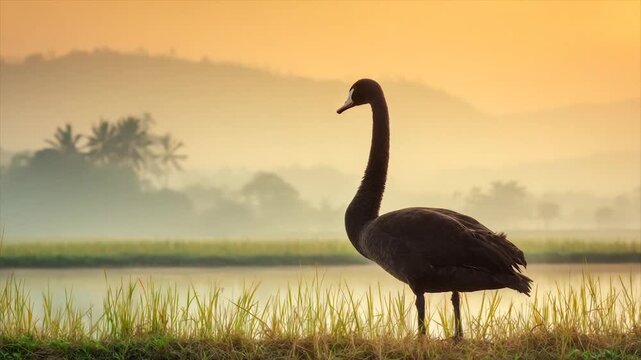 A black swan stands in the grass by water at dawn with hazy hills in the distance