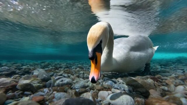 A swan dives underwater, showing its reflection in the surface and revealing pebbles below