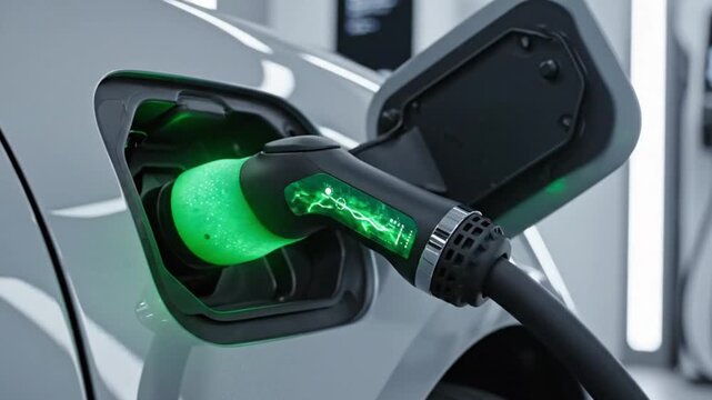 Electric Vehicle Charging Stationing Scene with Blue Illumined Connector at Modern Garage