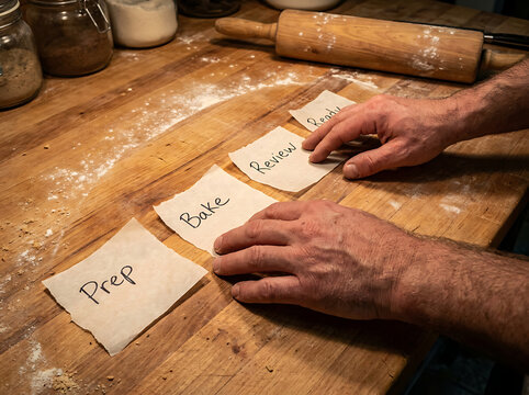 Expert hands meticulously organize parchment notes detailing a baking workflow, from initial preparation to the final taste test, on a rustic kitchen surface