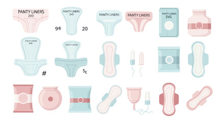 Feminine Hygiene Products: Panty Liners, Pads, Tampons, Menstrual Cup, Jars © Herukloro