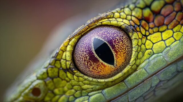 Extreme close-up of a reptile eye, showing intricate scales and vivid eye colors