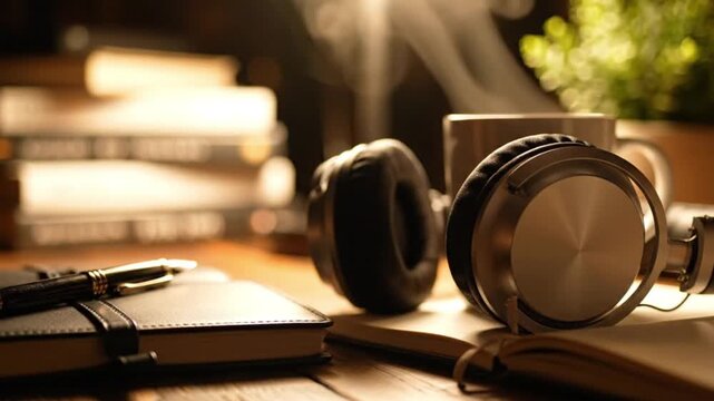 Headphones on Desk Editing Space Calm Evening Atmosphere