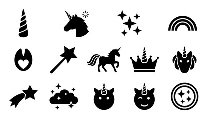Obraz premium Unicorn Magic Symbols Silhouette Set – Stars, Rainbow, Wand, Fantasy Elements Icons