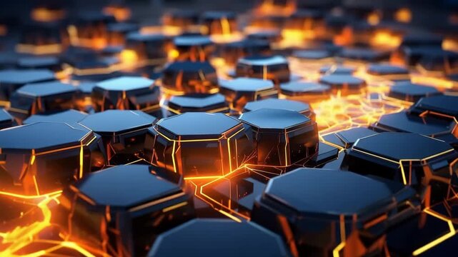 Glowing hexagonal shapes create patterns as light flows across the surface. This digital landscape showcases a mix of color and form in an abstract setting.