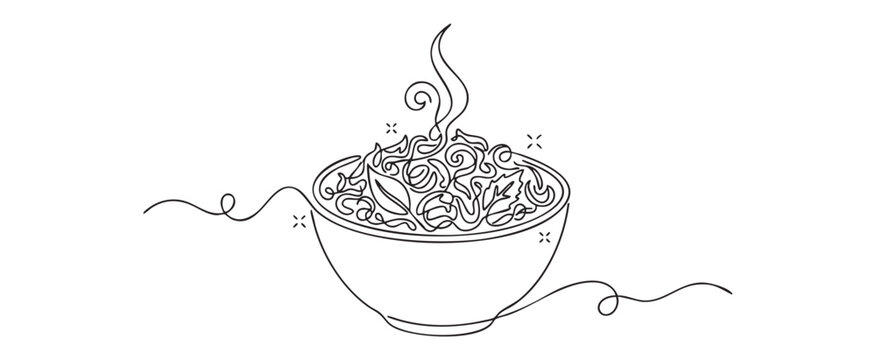 One line drawing of tea leaves in ceramic bowl with rising steam for healthy herbal infusion concept, minimalist vector art on transparent background
