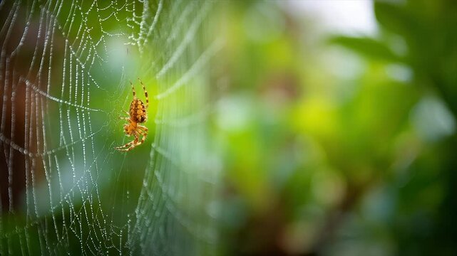 A spider hangs on a dew-covered web with a blurred green background