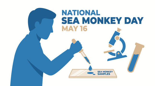 National Sea Monkey Day Graphic with Scientist and Lab Equipment