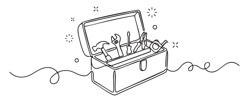 Continuous line art vector of an open toolbox with mini tools including hammer and wrench for a diy home improvement concept on a transparent background