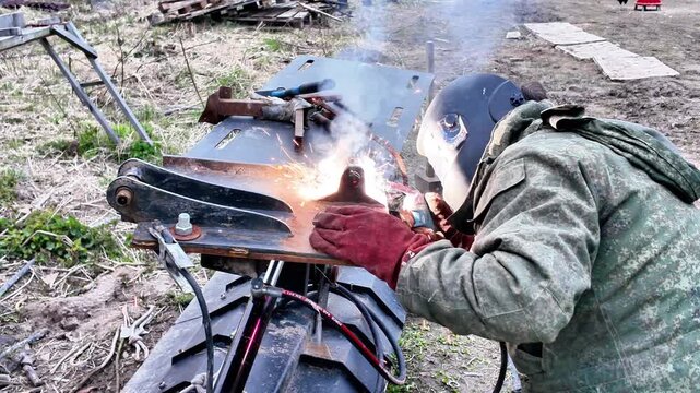 Industrial outdoor welding scene with a man wearing a protective welding mask and red safety gloves while working on a metal tractor construction. Bright sparks fly in different directions as smoke