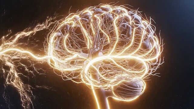 4K CGI Depiction of Cognitive Training and Neural Pathway Strengthening in a Stylized Human Brain with Electric Connections Against a Dark Cosmic Background
