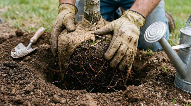 A person's gloved hands carefully planting a young tree sapling with its roots wrapped in burlap into freshly dug soil.