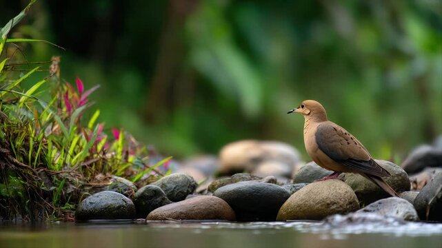 A brown bird perches on rocks at a water's edge, greenery in the background
