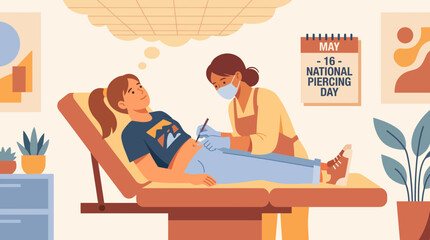 Fototapeta premium Professional Piercer Performing Navel Piercing on a Young Woman