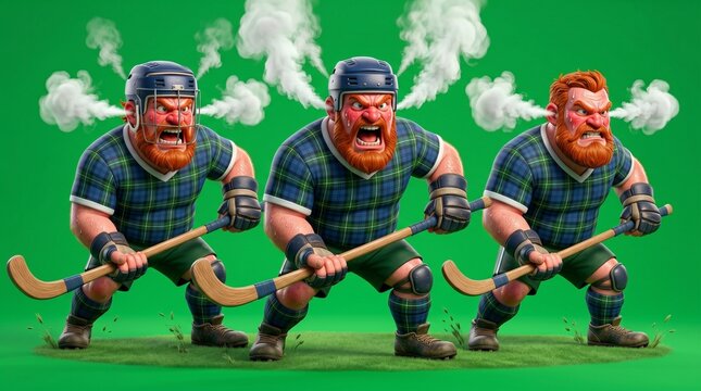 Three Cartoonish Scottish Hurling Players in Action with Smoke.