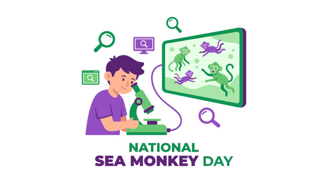 National Sea Monkey Day Illustration with Boy and Microscope
