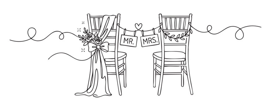 Minimalist line art vector illustration of wedding chair decor with mr and mrs signs, floral accents, and ribbons for elegant marriage ceremony celebration concept