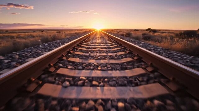 Railroad Tracks Stretching at Sunrise in Open Landscape with Warm Lighting