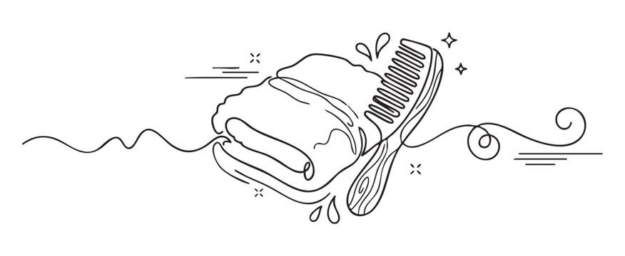 Continuous line drawing of a wooden comb and towel for a hair care and spa hygiene concept, minimalist vector illustration on transparent background for wellness salon branding