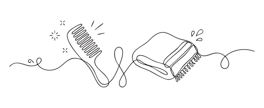 Continuous line drawing of a wooden comb and towel for hair care and grooming concept, minimalist vector illustration on transparent background for spa and hygiene theme