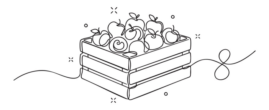 Continuous line drawing of a wooden crate with apples for a fresh harvest and healthy organic food concept, minimalist vector illustration on white background