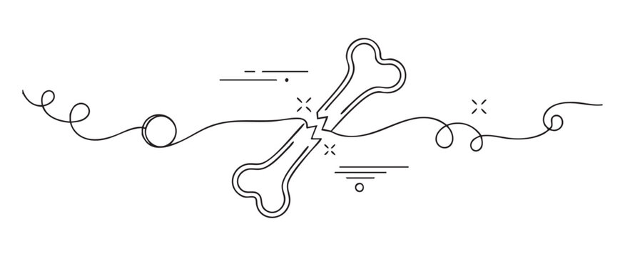 Minimalist continuous line vector illustration of a fractured bone for medical x-ray and injury recovery concept, featuring a simple outline style on a transparent background