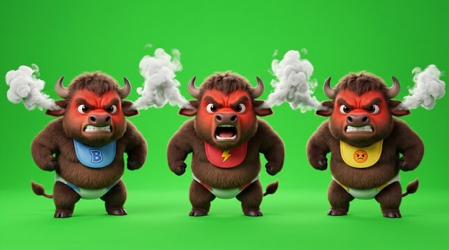 Three Cartoon Bulls with Angry Expressions and Smoke from Nostrils.