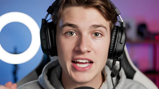 Close up portrait of a young male streamer wearing a gaming headset with microphone looking directly at the camera and talking energetically