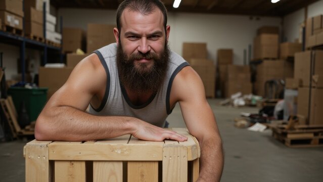 Man in warehouse with beard and tattoos