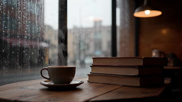 steaming coffee cup and stack of books on a wooden table by a rainy cafe window view