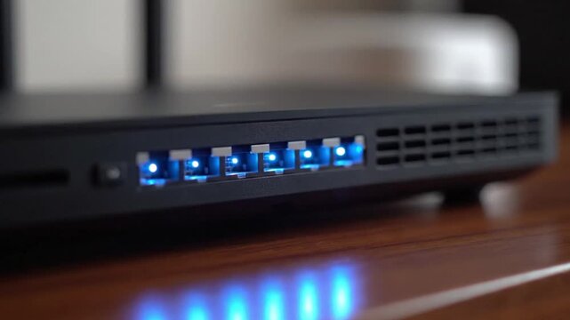 Network Equipment Closeup Showing Ethernet Ports in Quiet Home Office