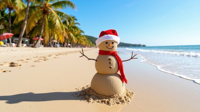 A sandman figure dressed in a Santa's hat, sitting on the beach.