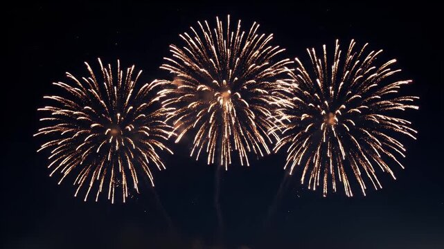 Golden fireworks display exploding in the dark night sky during a festive celebration