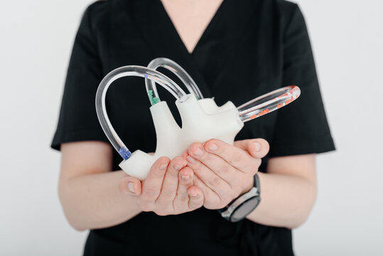 young woman doctor, medician in black costume, neurologist holds semicircular otolith dynamic anatomical model of the inner ear in hands, medical services