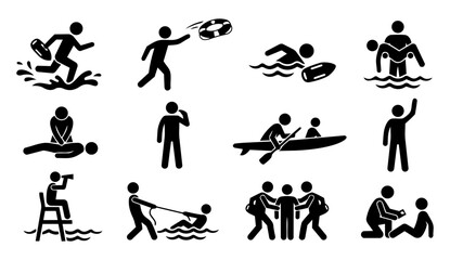 Lifeguard Rescue Silhouette Set – Water Safety, CPR, Beach and Pool Emergency Action Icons © Mediasegment