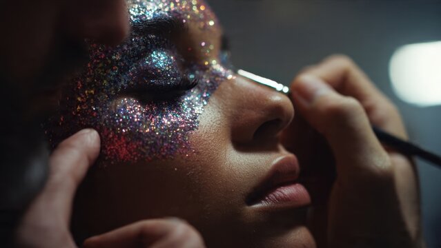 Artist Applying Glitter Makeup on Model