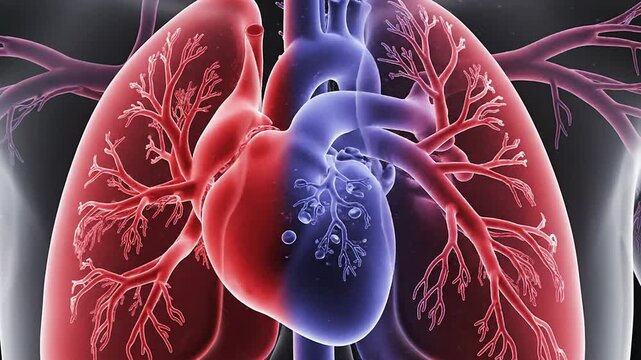 Abstract CGI Animation Of Pulmonary Circulation Featuring Heart And Lungs With Vivid Color Contrast For Medical And Educational Purposes