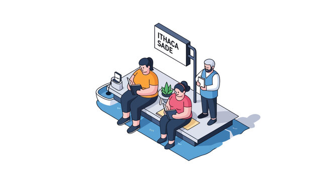 Isometric Illustration of People Waiting at a Bus Stop in Ithaca.