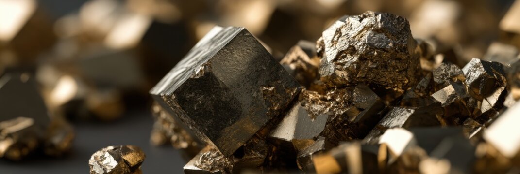 This close-up presents raw pyrite mineral featuring perfect cubic shapes with shiny surfaces set against a dark backdrop illuminated by side light.
